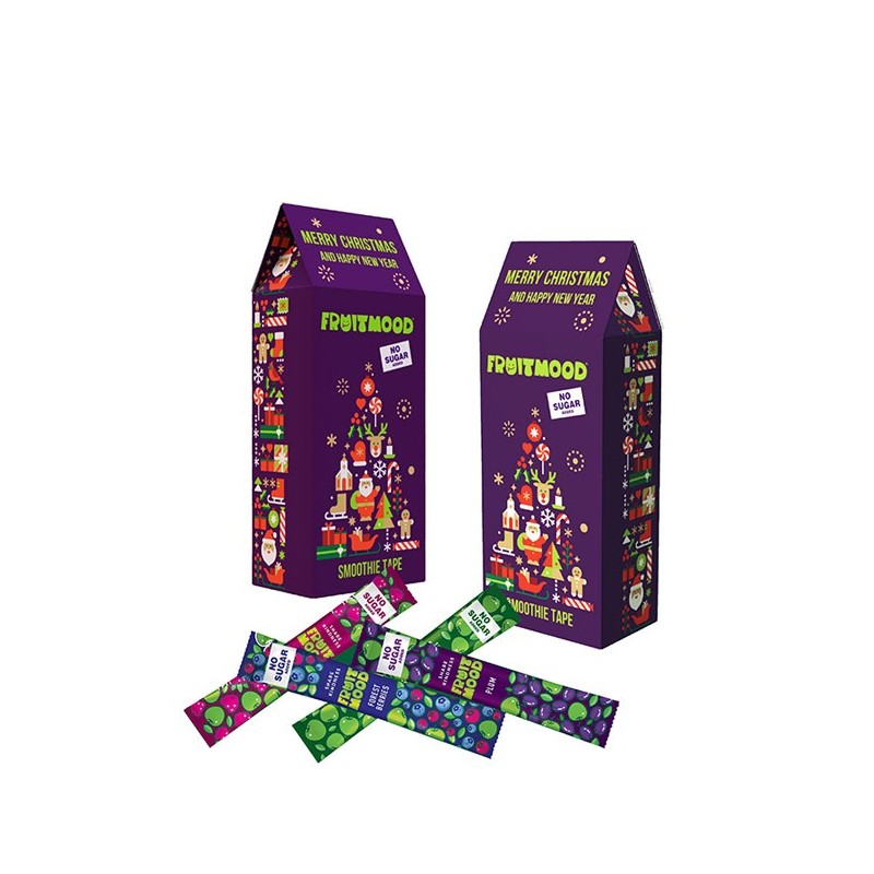 Vaisių-uogų užkandukai dovanų dėžutėje „Stebuklų šalies žiemos namai“ (Be cukraus), FRUITMOOD, 100g