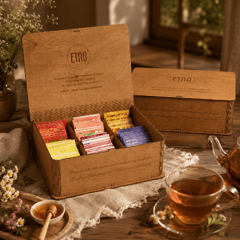 Natural herbal tea and honey set, ETNO, wooden box, 60 tea bags, 5 flavours