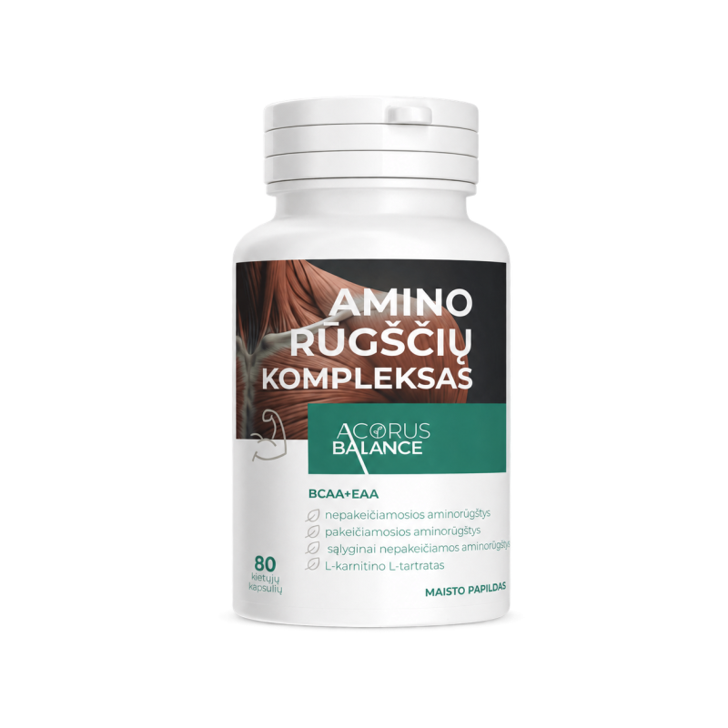 Amino rūgščių kompleksas BCAA+EAA, baltymų sintezei, Acorus Balance, 80 kaps.