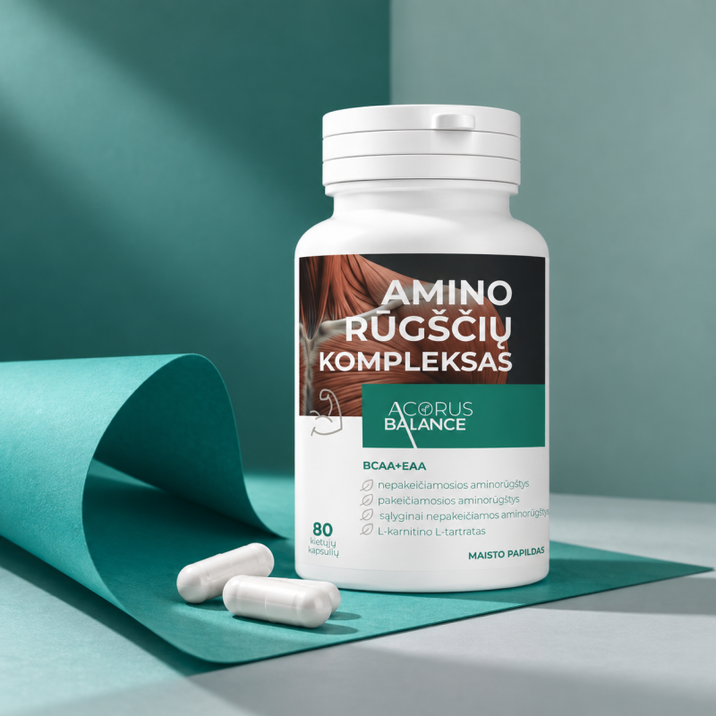 Amino rūgščių kompleksas BCAA+EAA, baltymų sintezei, Acorus Balance, 80 kaps.