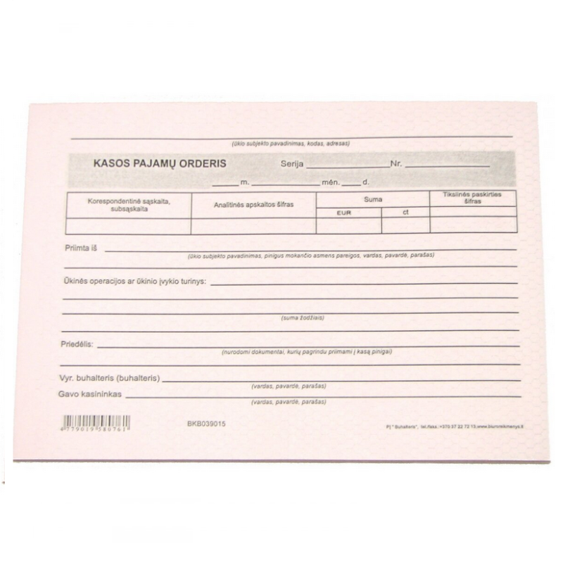 Kasos pajamų orderis, A5, kopijuojantis (SC), 50l. pak., kompl. 2 lapai 75-03
