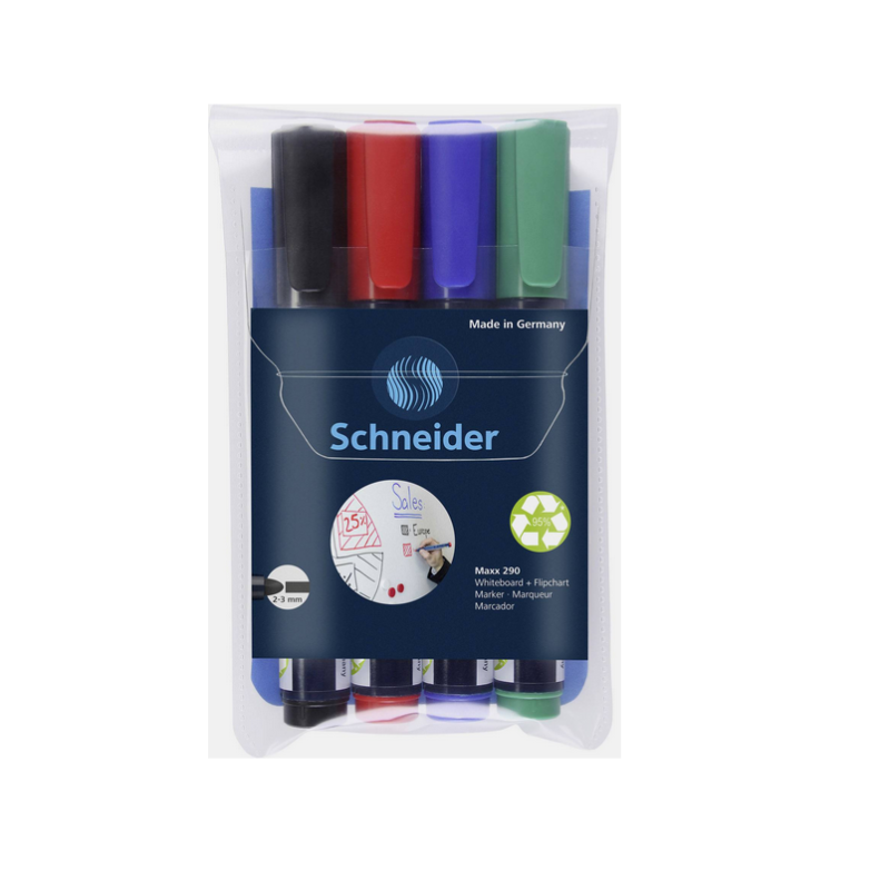 Žymeklių rinkinys baltai lentai SCHNEIDER MAXX 290, 4 spalvos, 2-3mm., a.g.
