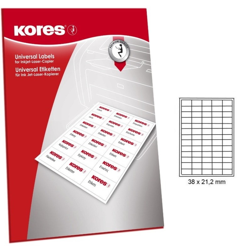 Lipnios etiketės KORES A4 38x21,2mm. 65 lip. 100l.
