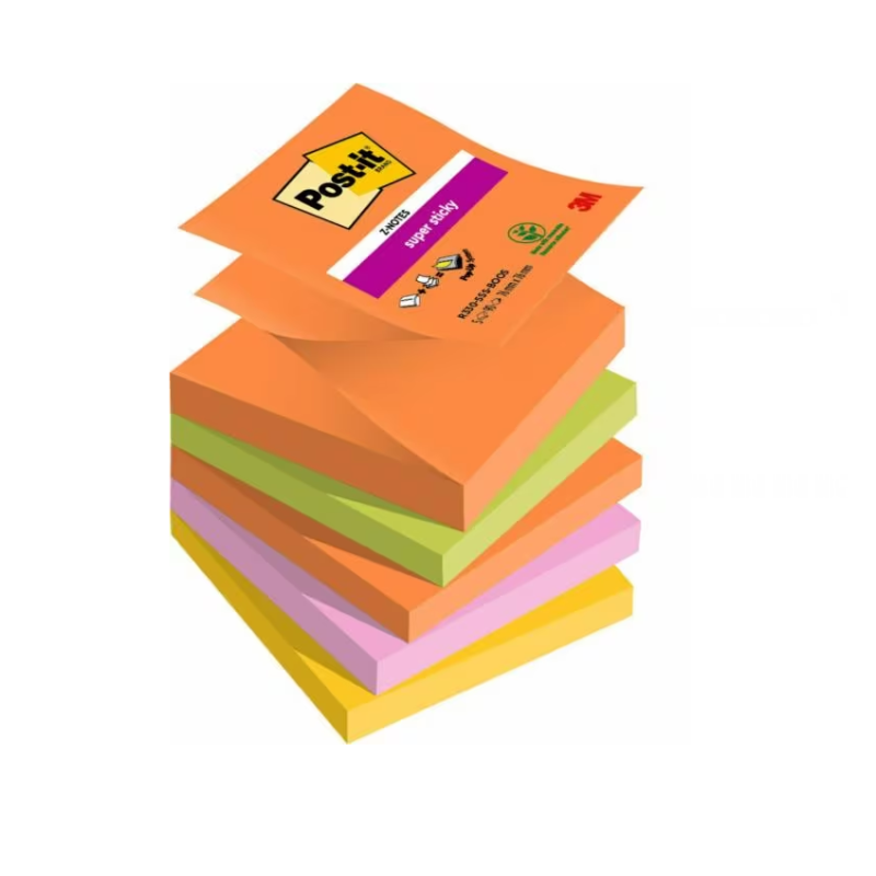 Lipnūs lapeliai 3M POST-IT BOOST Z-NOTE 76x76mm. ryškių spalvų, 5 vnt.