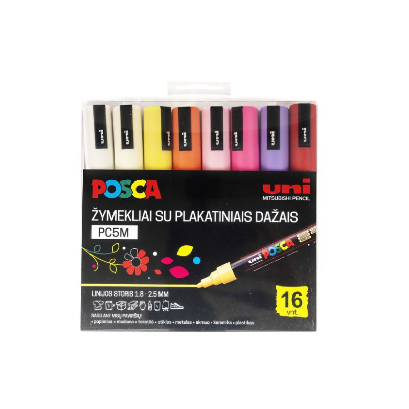 Markerių rinkinys UNI POSCA PC-5M, 1,8-2,5mm. 16 spalvų