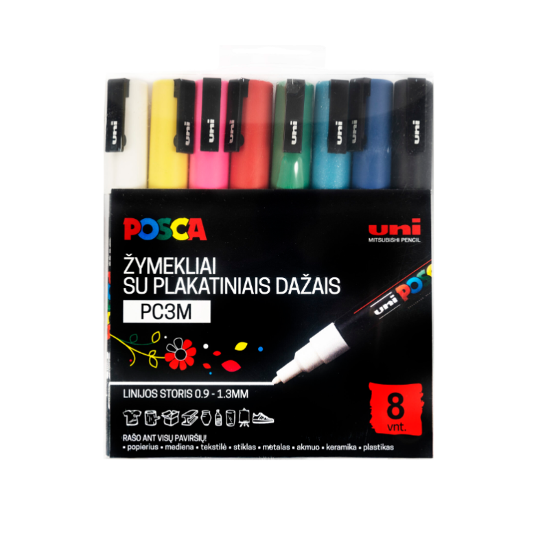 Markerių rinkinys UNI POSCA PC-3M, 0,9-1,3mm. 8 spalvų