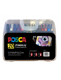 Markerių rinkinys UNI POSCA, 20 įvairių spalvų, plastikinėje dėžutėje
