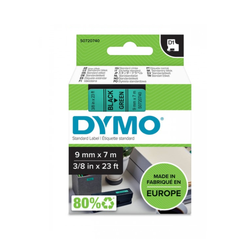 Juostelė DYMO D1 9mmx7m juodas šriftas/žalia