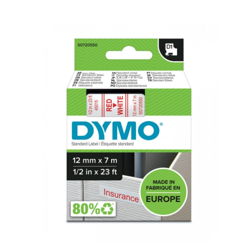 Juostelė DYMO D1 12mmx7m raudona/balta